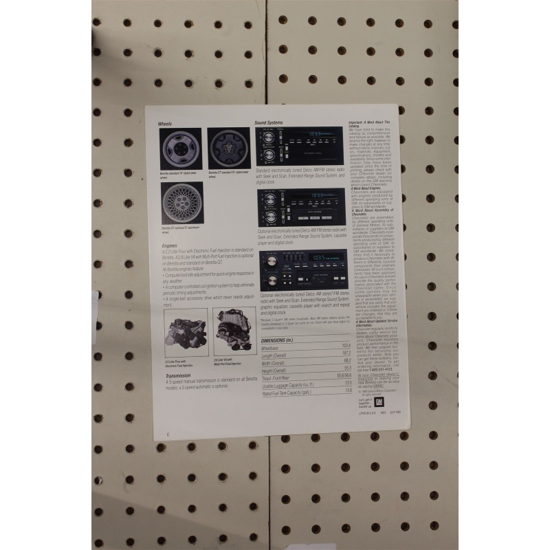 1989 Chevrolet Beretta Brochure  5 Pages