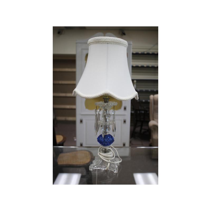 17.5" Tall - Very nice blue & clear glass lamp base w/ dangling crystals & shade