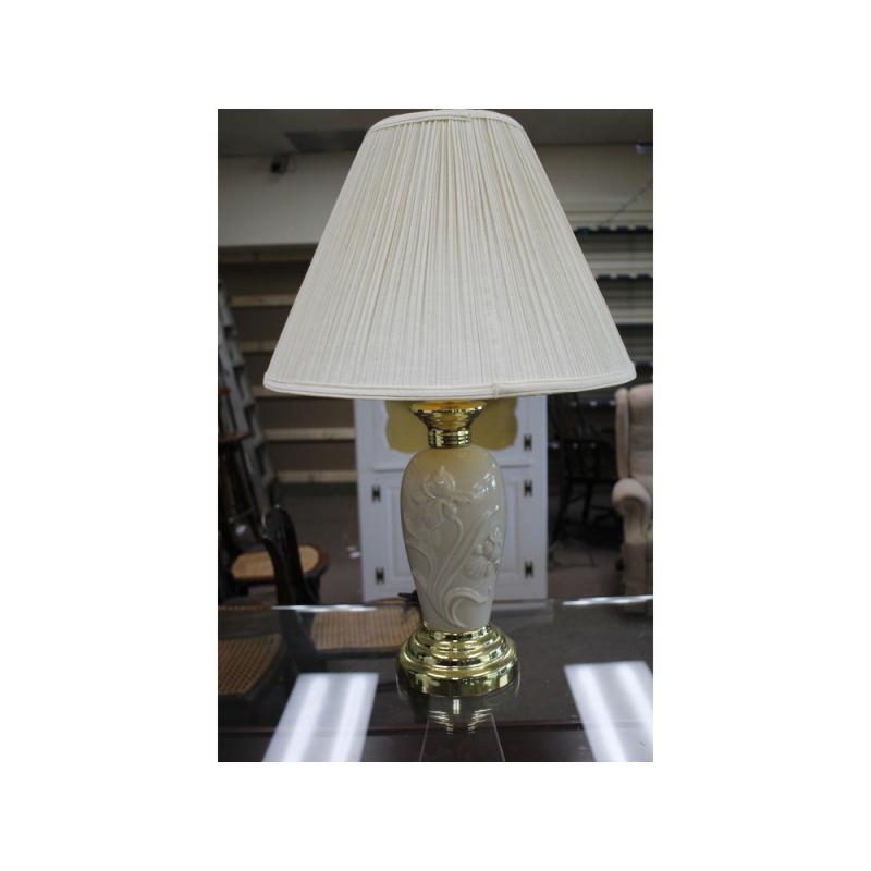 28" Tall Lamp - White porcelain  base with floral design and brass accent