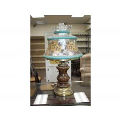24" Tall Lamp Extraordinary handpainted glass shade atop a wooden base & chimney