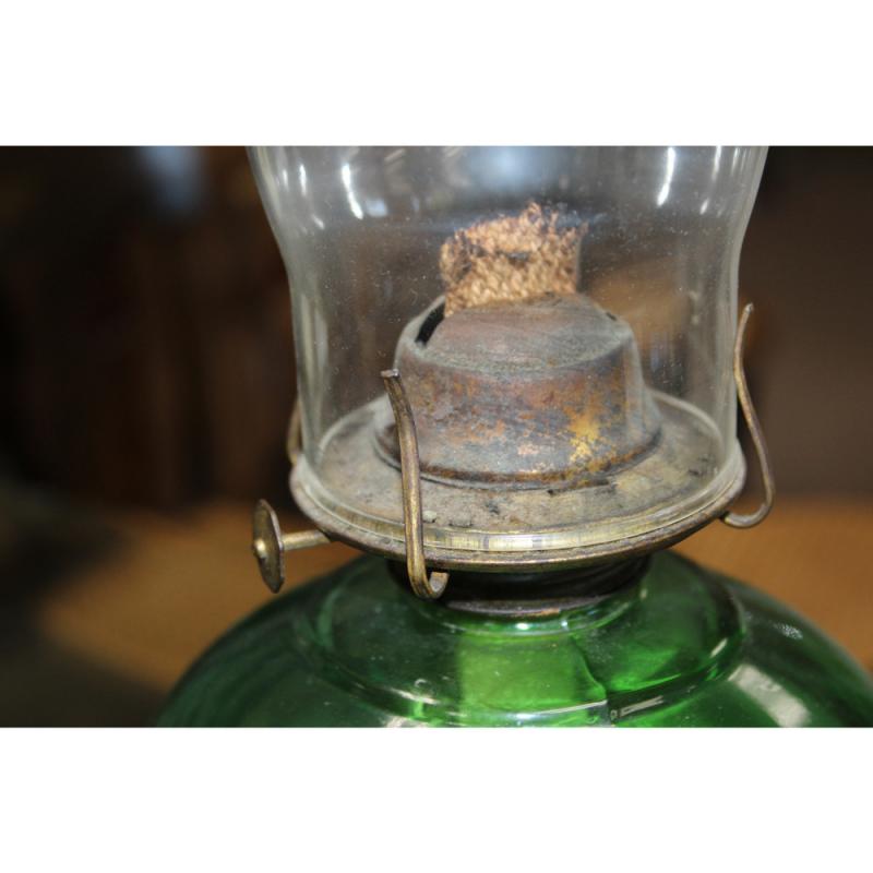20" Tall Lamp Vintage Green Oil Lamp. Kerosene Depression Glass w/ tall Chimney