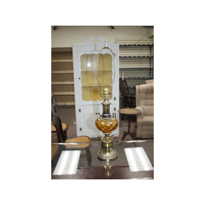 30" Tall Lamp - Vintage amber glass and brass oil lamp style
