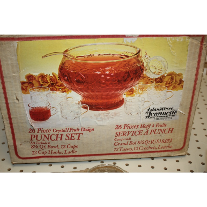 Punch Bowl Set Glassware by Jeanette 26 Piece Fruit Design Clear Glass 8.5 Qt.