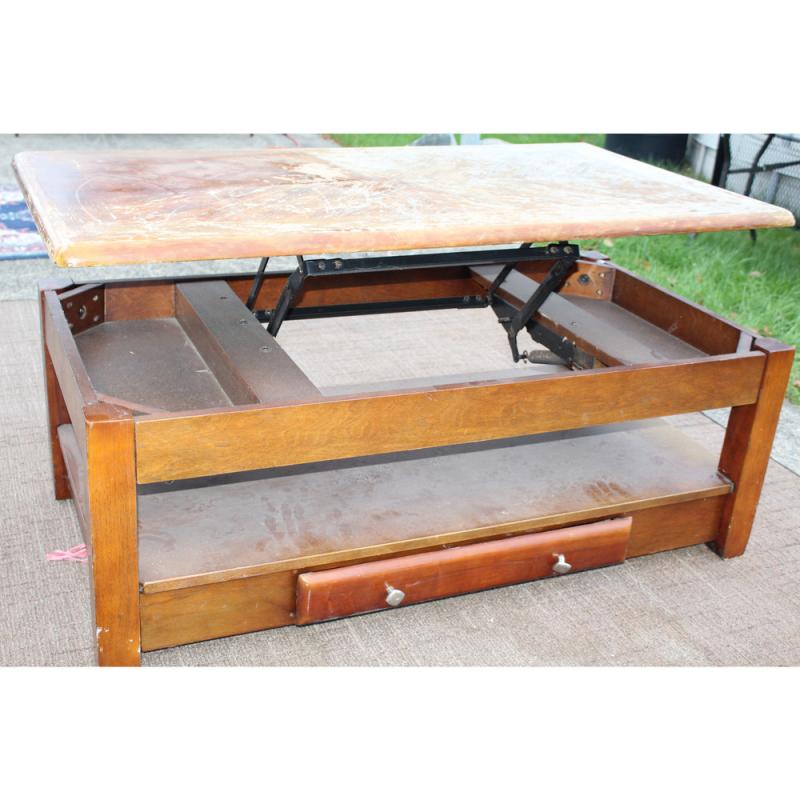 Solid Unusual Lift Top / Pop Up Coffee Table 48" x 25" x 18" needs a Little TLC