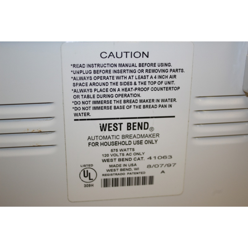 West Bend 1-1/2lb. Automatic Bread & Dough Maker Model 41063 American Made 1997