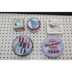 Lot Of Five Christmas Holiday Cookie And Candy Tins - 1 With Drink Coasters