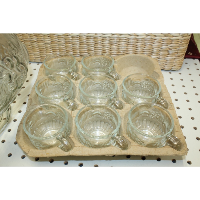 Vintage Jeannette Glass Crystal Fruit 8 Qt. Punch Bowl & 7 Cups - Model 2417-18