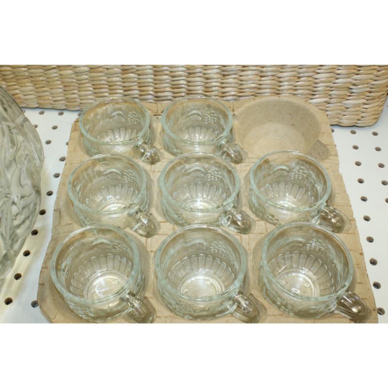 Vintage Jeannette Glass Crystal Fruit 8 Qt. Punch Bowl & 7 Cups - Model 2417-18