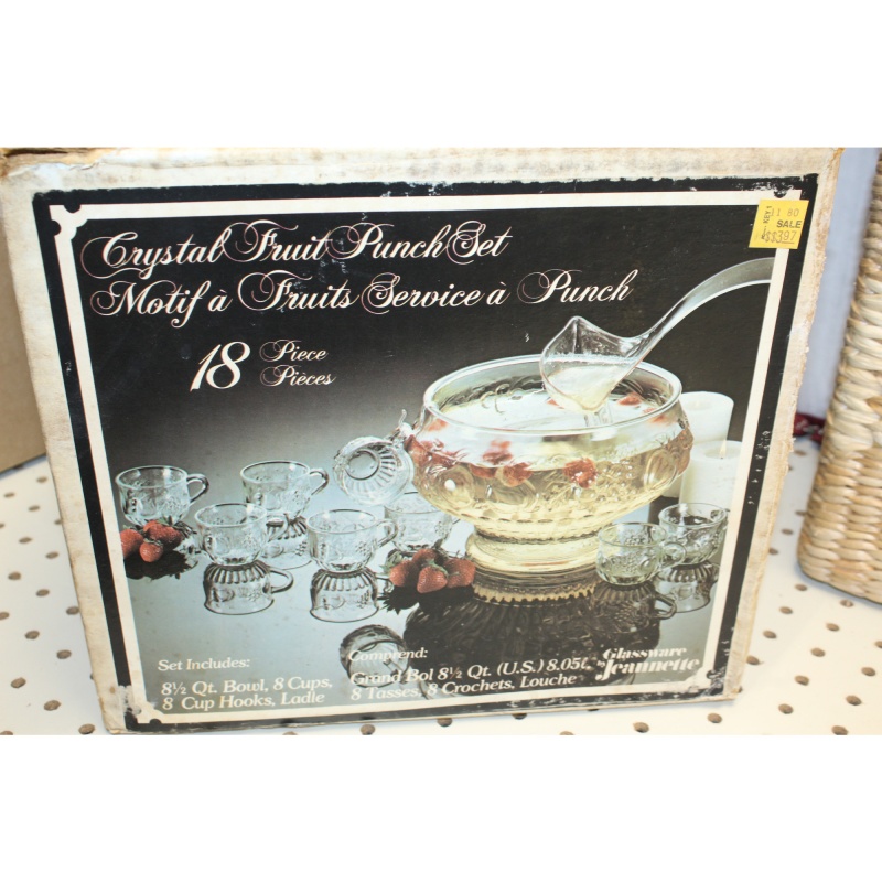 Vintage Jeannette Glass Crystal Fruit 8 Qt. Punch Bowl & 7 Cups - Model 2417-18