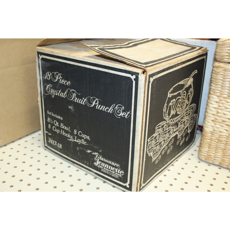 Vintage Jeannette Glass Crystal Fruit 8 Qt. Punch Bowl & 7 Cups - Model 2417-18