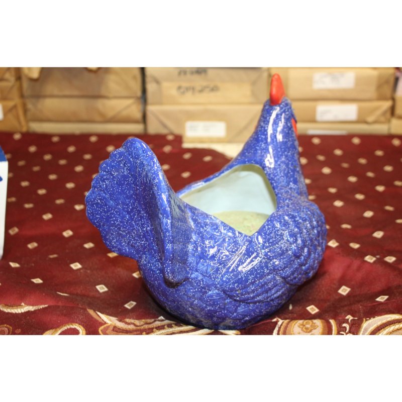Blue Ceramic Chicken Rooster Planter
