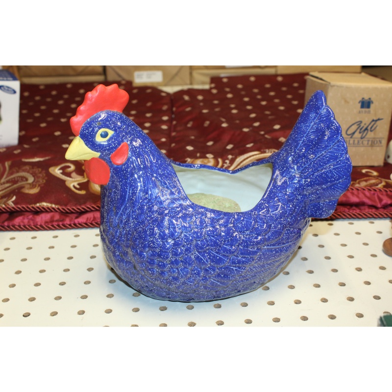 Blue Ceramic Chicken Rooster Planter