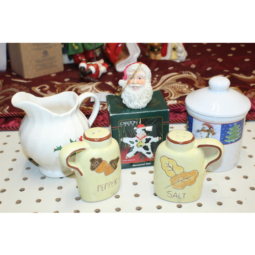 Misc Lot - Salt Pepper Creamer Sugar & 2 Holiday Christmas Ornaments
