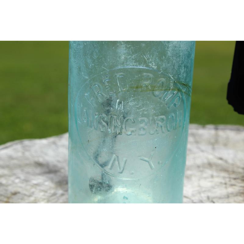 6.5" Vintage Fred ROMP Lansingburgh NY bottle - Bluish Green Glass