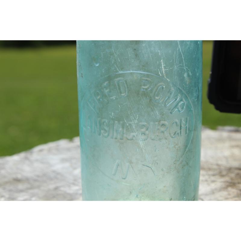 6.5" Vintage FRED ROMP LANSINGBURGH NY bottle - Bluish Green Glass