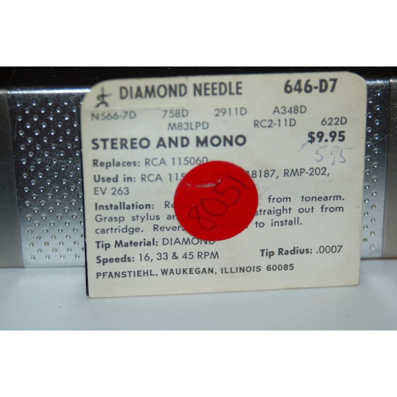 646-D7 Pfanstiehl Diamond Needles Stylus Cartridge  #285 Original Package