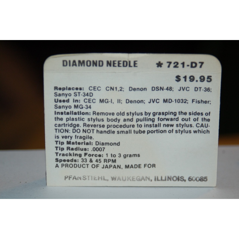 721-D7 Pfanstiehl Diamond Needles Stylus Cartridge  #436 Original Package