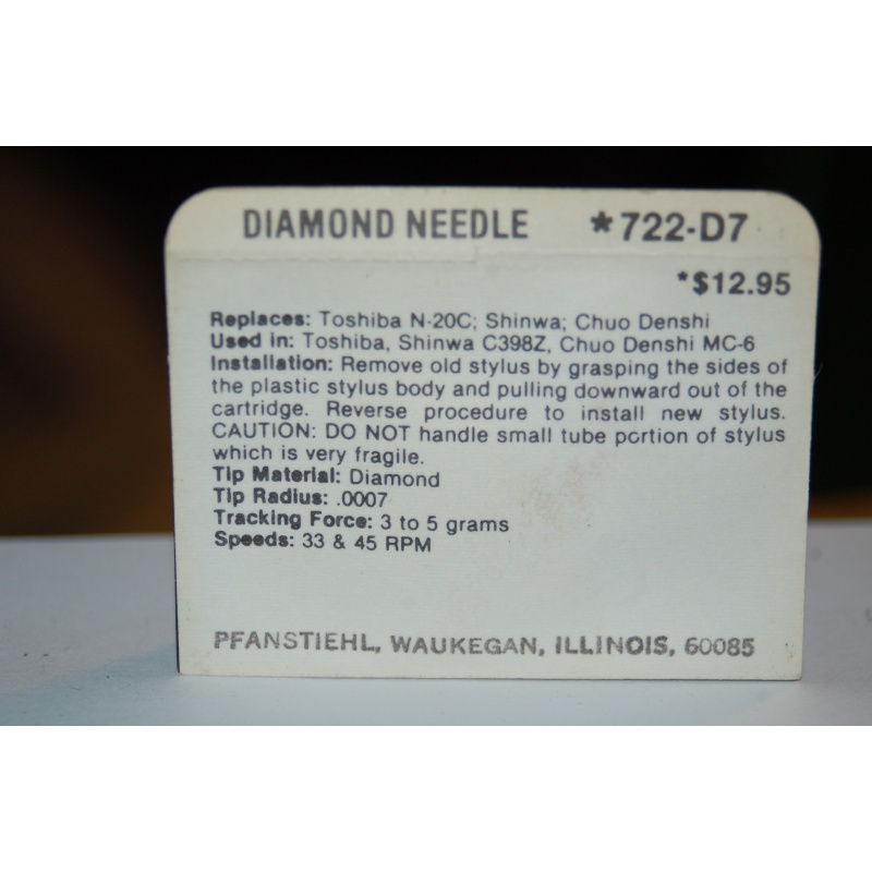 722-D7 Pfanstiehl Diamond Needles Stylus Cartridge  #443 Original Package