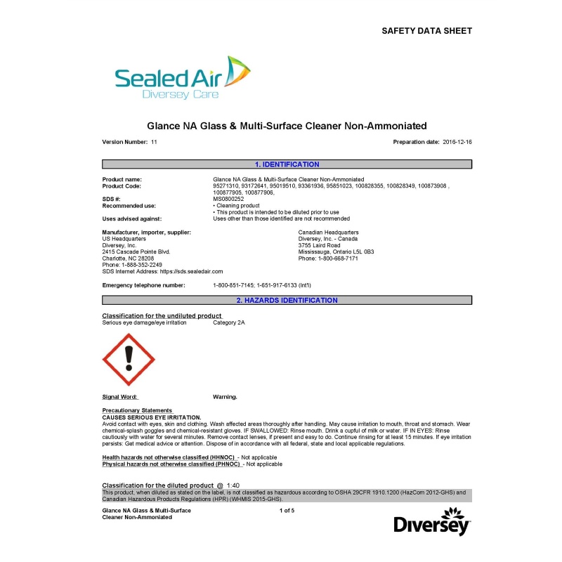 Diversey Glance NA Glass & Multi-Surface Cleaner for J-Fill, Refill, 2.5L