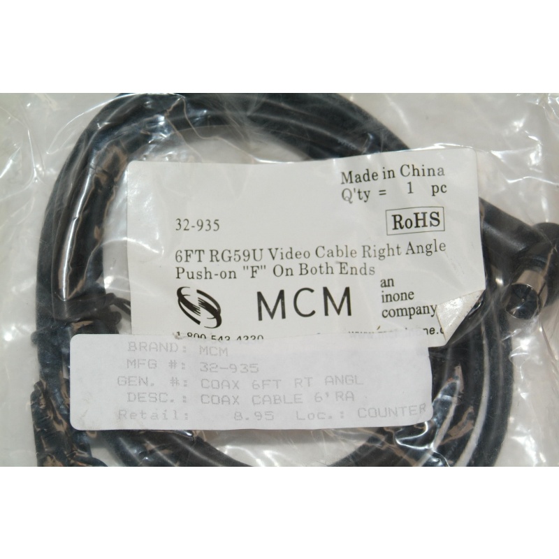 MCM 6 ft F-Type RIGHT  Angle Push On  RG59U MALE Connectors :: 32-935