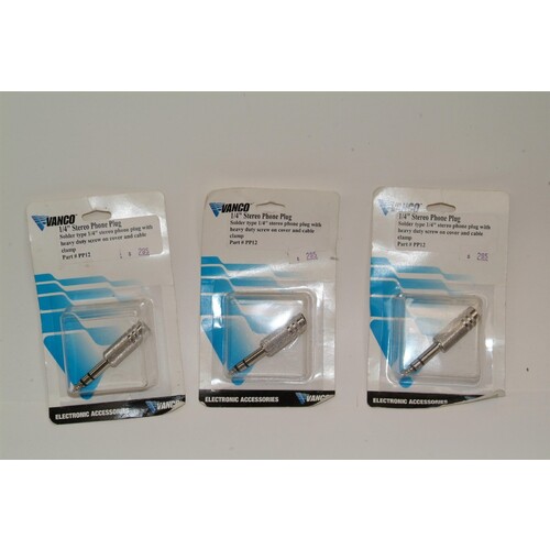 LOT OF 3 VANCO 1/4" STERO PHONE PLUG - SOLDER TYPE - PART #PP12