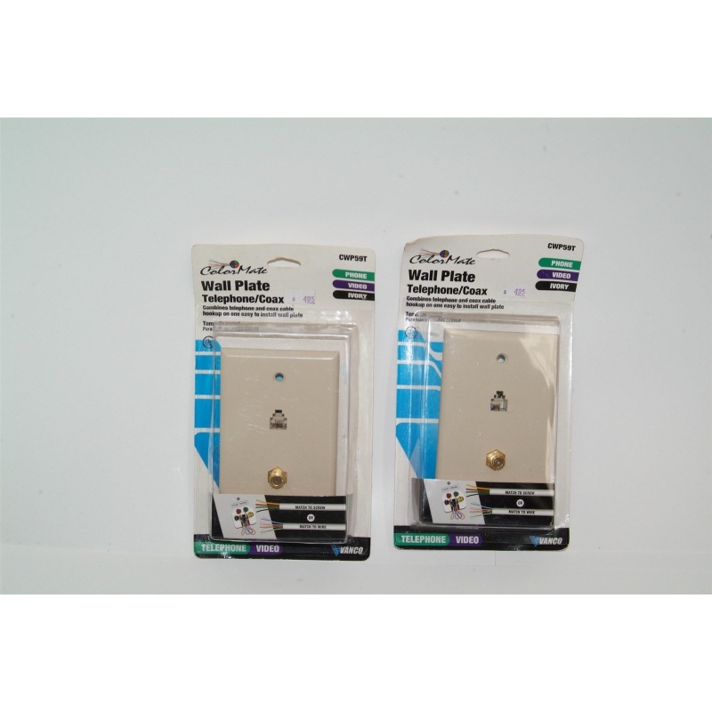 2 VANCO CWP59T - COLORMATE TELEPHONE/COAX WALL PLATES - PHONE - VIEDO - IVORY