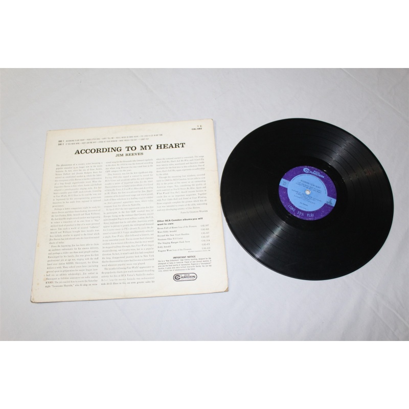 Jim Reeves According To My Heart CAL 583, CAL-583 RE Vinyl LP, Album, Mono, RE