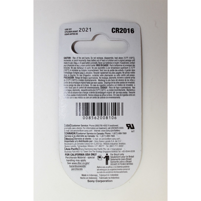 Sony CR2016 85mAh 3V Lithium (LiMnO2) Coin Cell Watch Battery 