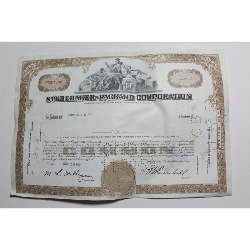 1959 Studebaker-Packard Corporation Stock Certificate 4 Shares Y0201598