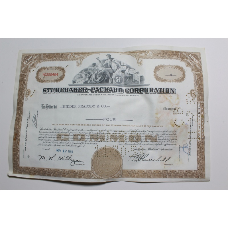 1959 Studebaker-Packard Corporation Stock Certificate 4 Shares Y0200454
