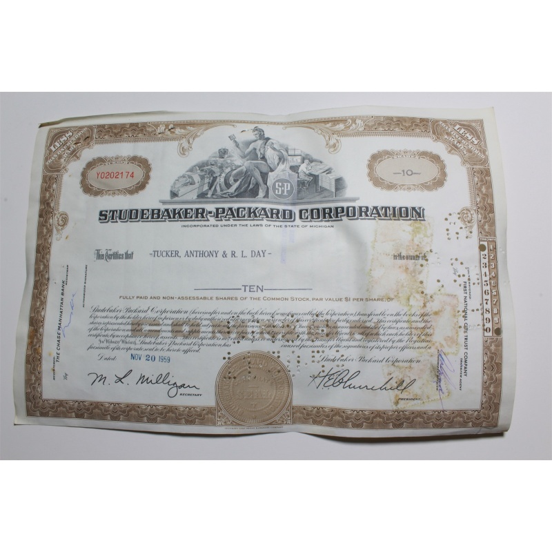 1959 Studebaker-Packard Corporation Stock Certificate 10 Shares Y0202174