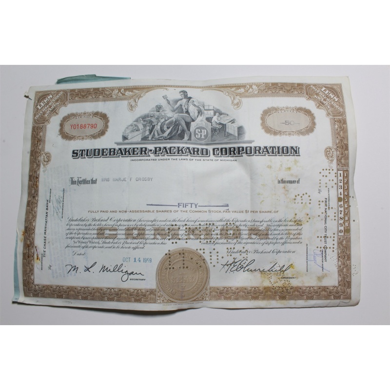 1959 Studebaker-Packard Corporation Stock Certificate 50 Shares Y0188790