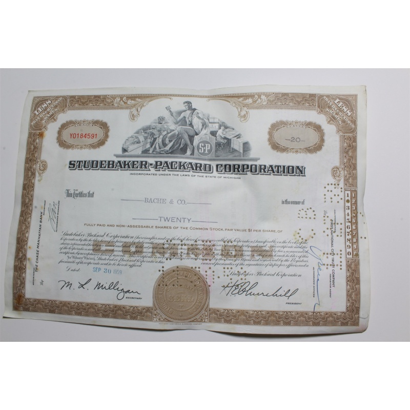 1959 Studebaker-Packard Corporation Stock Certificate 20 Shares Y0184591