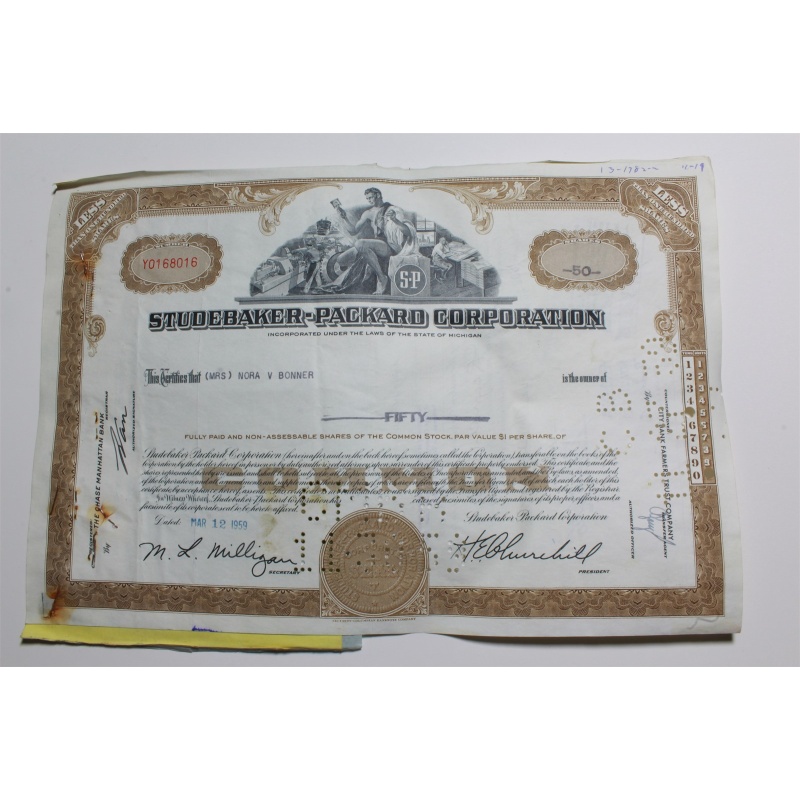 1959 Studebaker-Packard Corporation Stock Certificate 50 Shares Y0168016