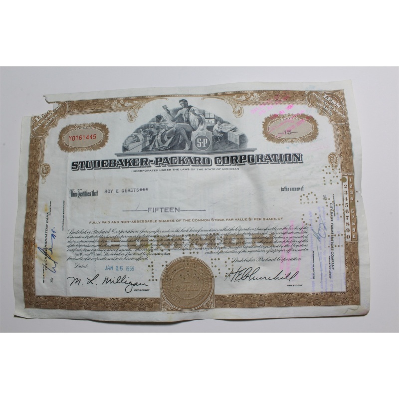 1959 Studebaker-Packard Corporation Stock Certificate 15 Shares Y0161445
