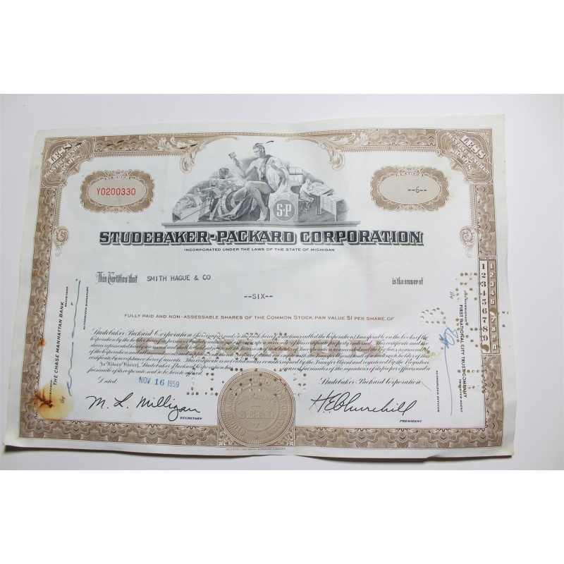 1959 Studebaker-Packard Corporation Stock Certificate 6 Shares Y0200330
