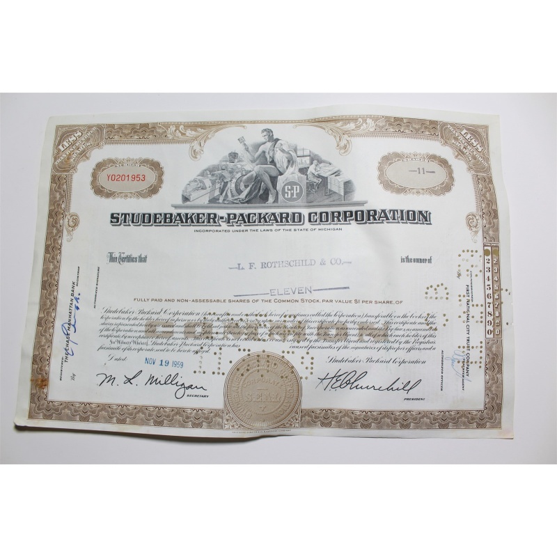 1959 Studebaker-Packard Corporation Stock Certificate 11 Shares Y0201953