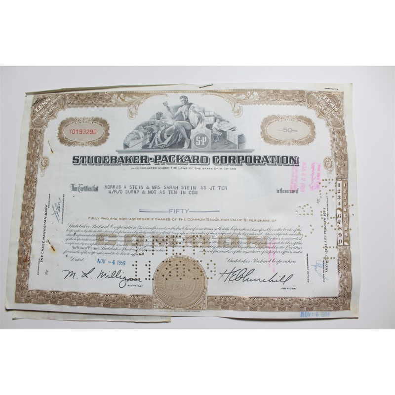 1959 Studebaker-Packard Corporation Stock Certificate 50 Shares Y0193290
