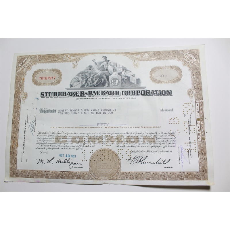 1959 Studebaker-Packard Corporation Stock Certificate 50 Shares Y0187917