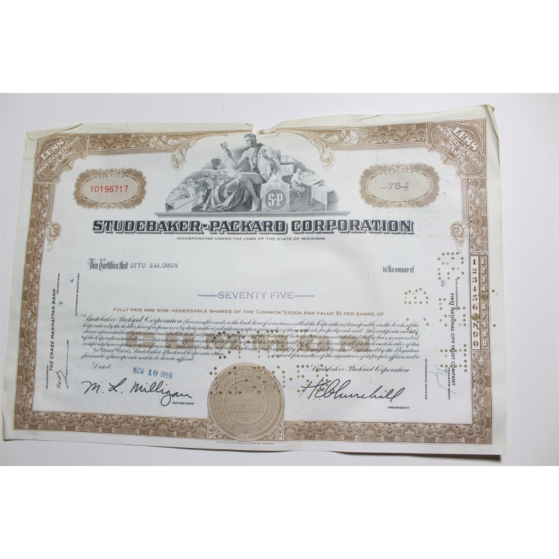 1959 Studebaker-Packard Corporation Stock Certificate 75 Shares Y0196717