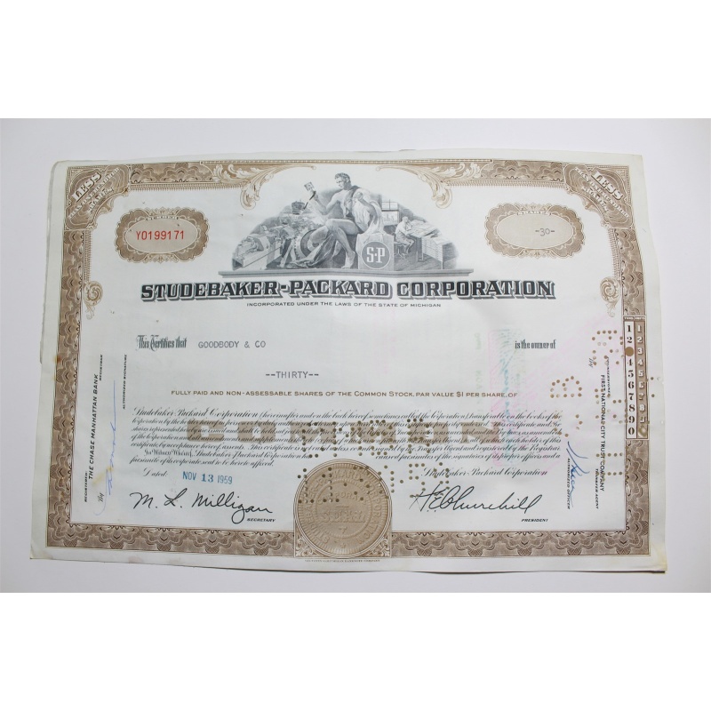 1959 Studebaker-Packard Corporation Stock Certificate 30 Shares Y0199171