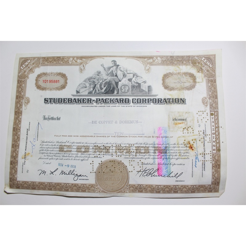1959 Studebaker-Packard Corporation Stock Certificate 10 Shares Y0195881