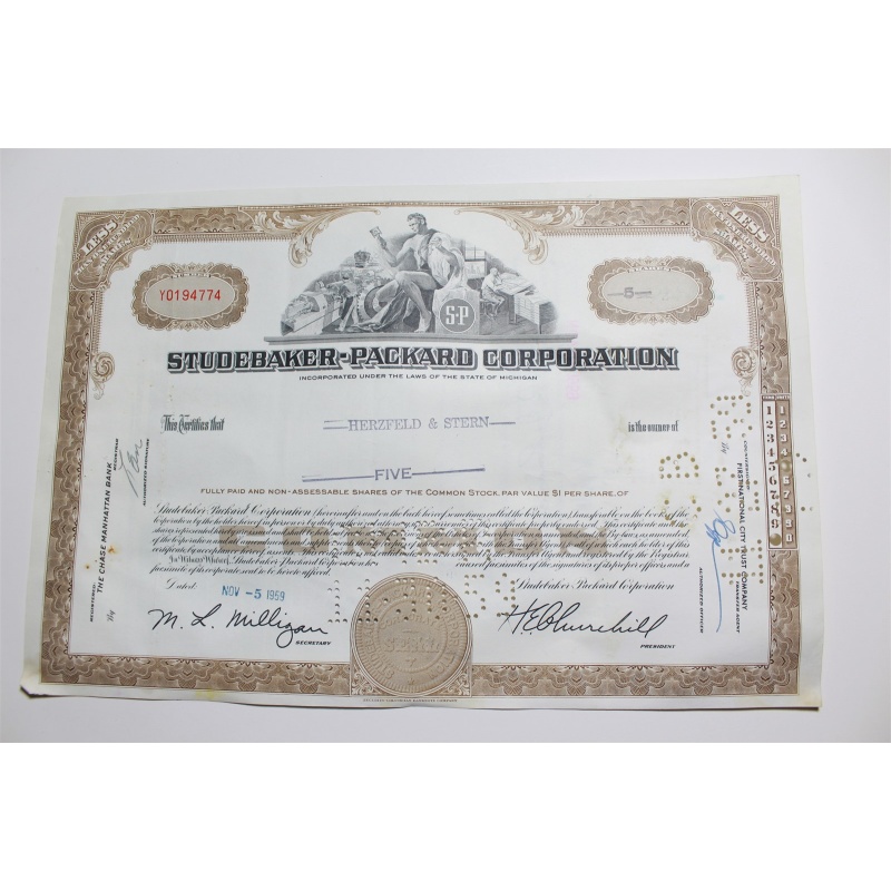 1959 Studebaker-Packard Corporation Stock Certificate 5 Shares Y0194774