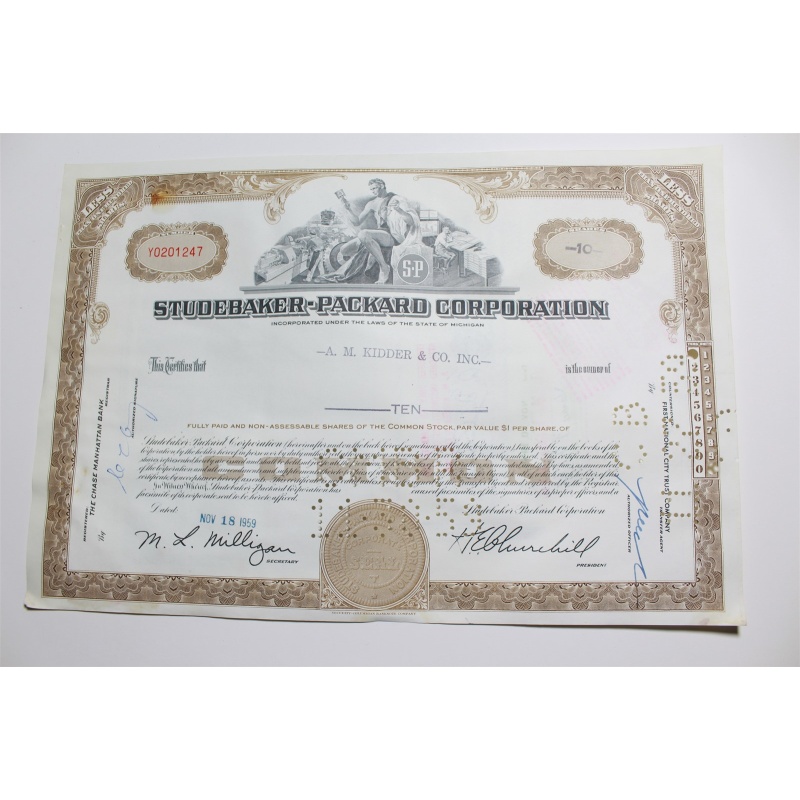 1959 Studebaker-Packard Corporation Stock Certificate 10 Shares Y0201247