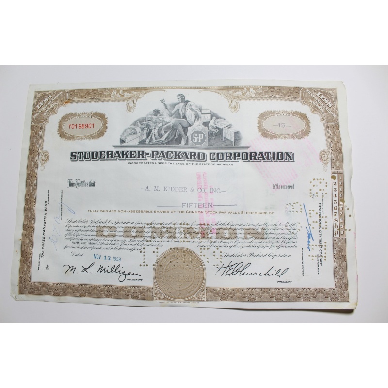 1959 Studebaker-Packard Corporation Stock Certificate 15 Shares Y0198901