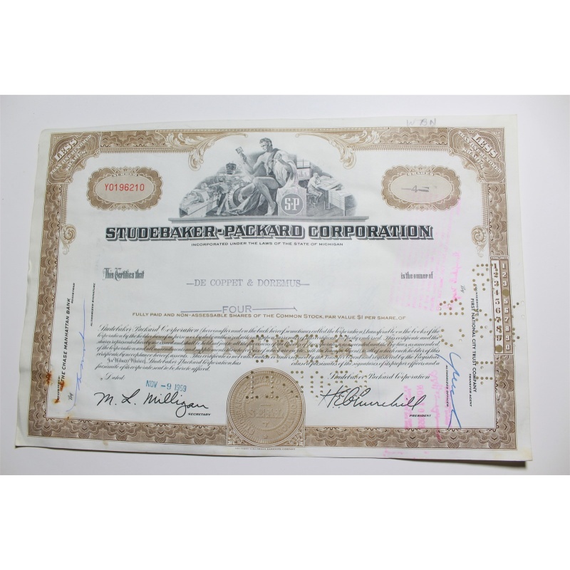 1959 Studebaker-Packard Corporation Stock Certificate 4 Shares Y0196210