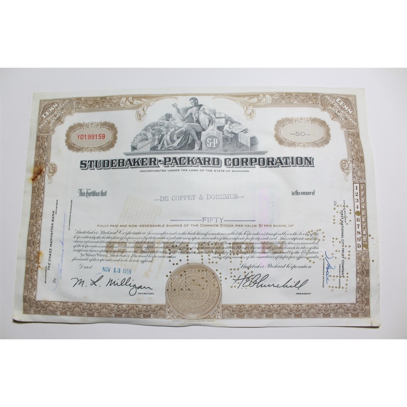 1959 Studebaker-Packard Corporation Stock Certificate 50 Shares Y0199159