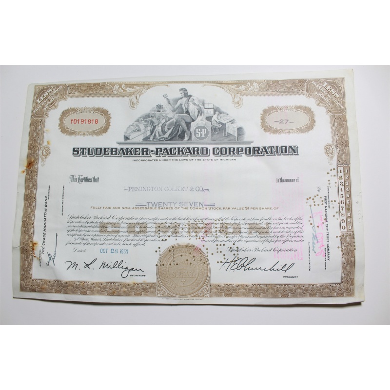 1959 Studebaker-Packard Corporation Stock Certificate 27 Shares Y0191818