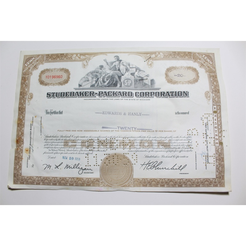 1959 Studebaker-Packard Corporation Stock Certificate 20 Shares Y0196960
