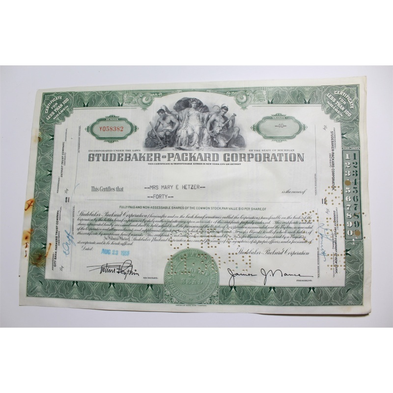 1959 Studebaker-Packard Corporation Stock Certificate 40 Shares Y05832
